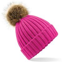 Rippstrick-Beanie mit Kunstfell-Bommel