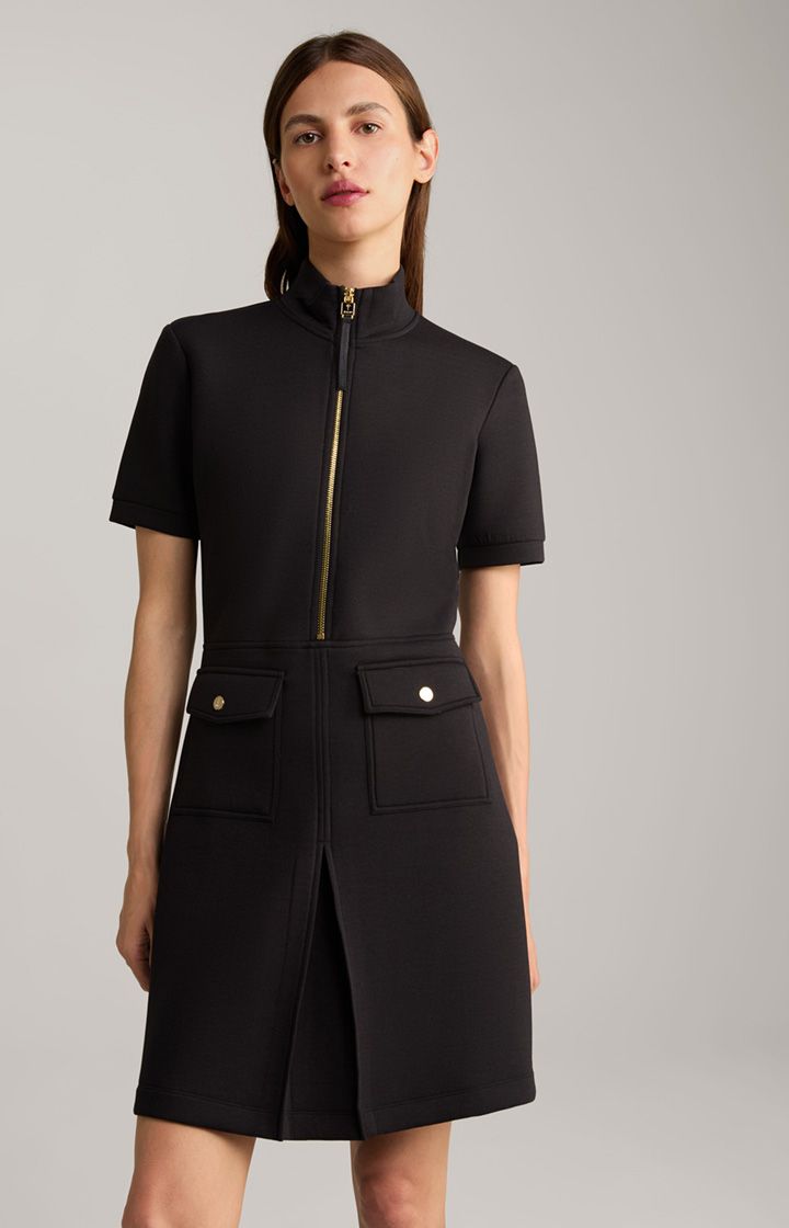 Scuba Schwarzes Minikleid mit goldenem Reißverschluss und aufgesetzten Taschen