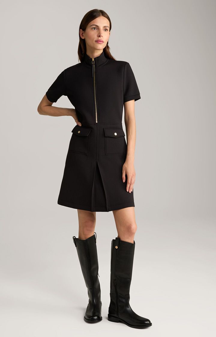 Scuba Schwarzes Minikleid mit goldenem Reißverschluss und aufgesetzten Taschen