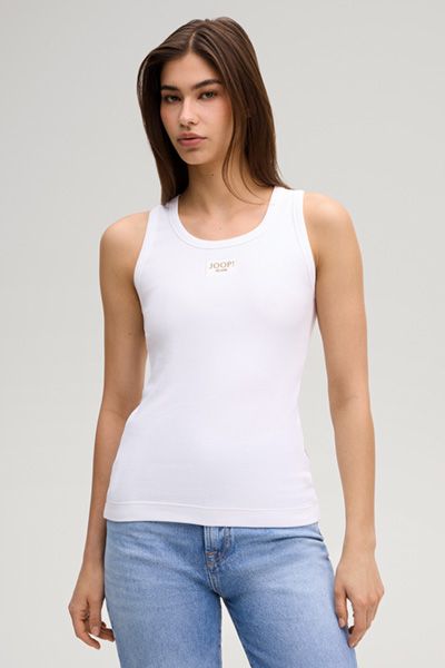 Joop! Tana Weißes geripptes Baumwoll-Tanktop mit Logo-Patch