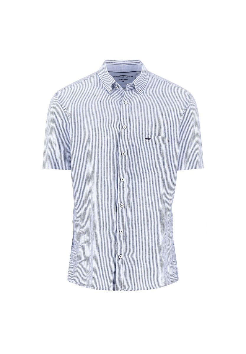 Gestreiftes Leinen Kurzarmhemd Klassische Passform