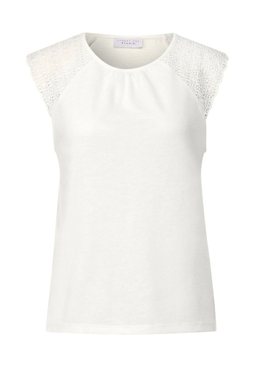 Leinen-Look Top mit Spitzenbesatz