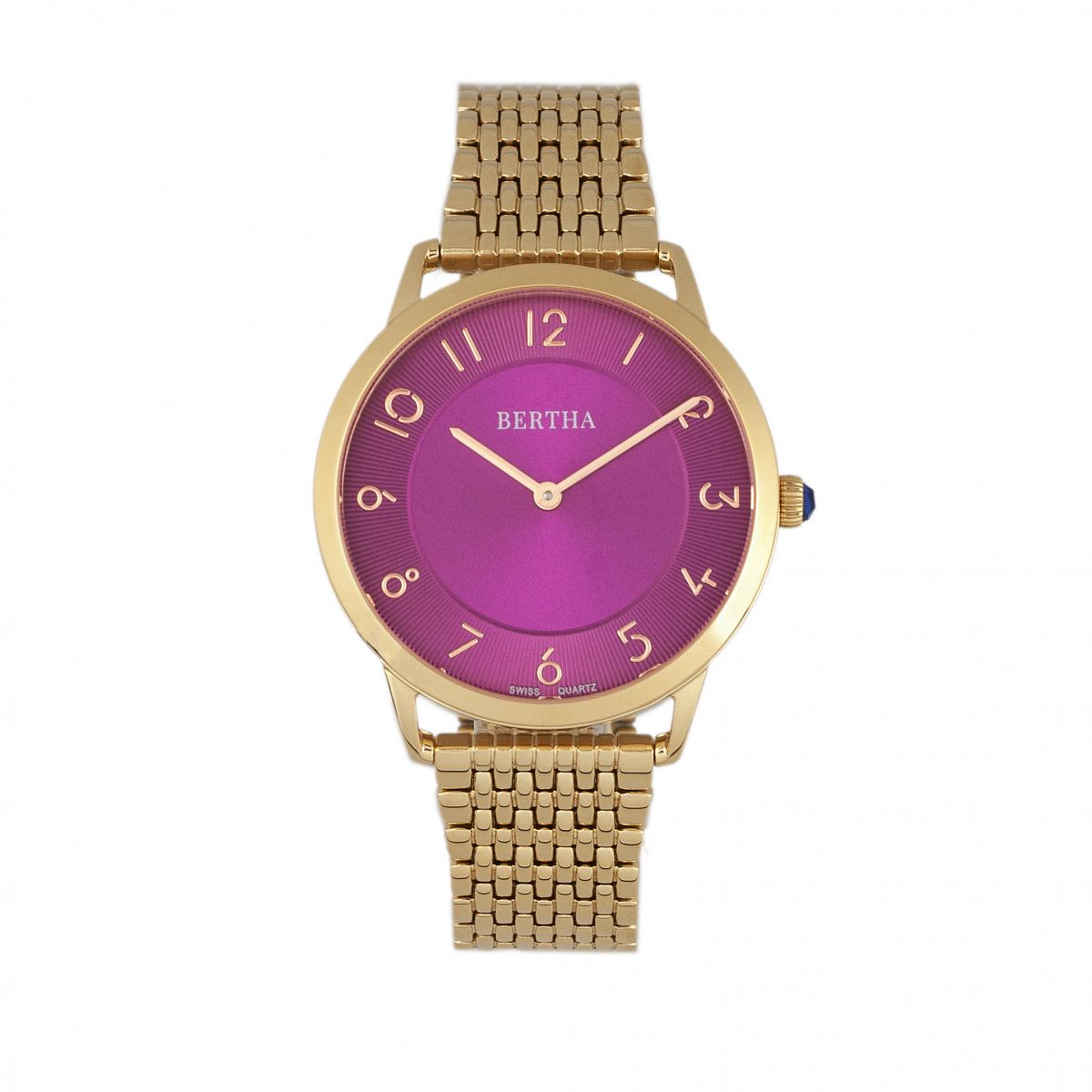 Elegante Schweizer Armbanduhr mit magentafarbenem Zifferblatt