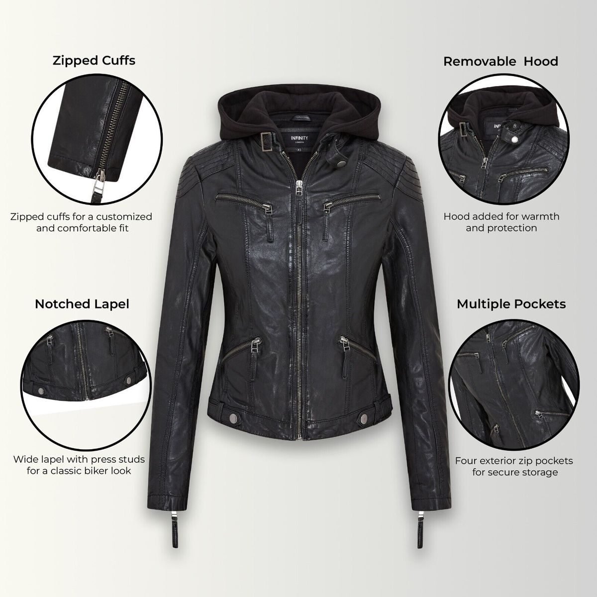 Klassische Leder-Bikerjacke mit Kapuze