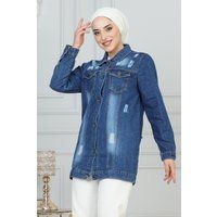 Lange Jeansjacke im Distressed-Look