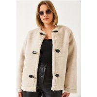 Kragenlose Webpelzjacke mit Knebelverschlüssen