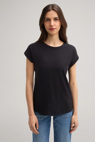 Comma Schwarzes Baumwoll-T-Shirt mit Manschettenärmeln Relaxed Fit