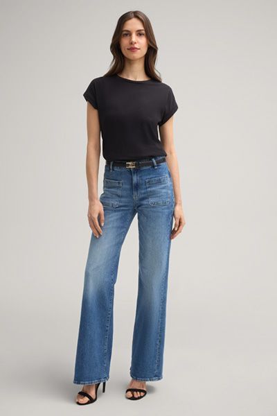 Comma Schwarzes Baumwoll-T-Shirt mit Manschettenärmeln Relaxed Fit