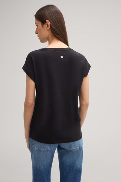 Comma Schwarzes Baumwoll-T-Shirt mit Manschettenärmeln Relaxed Fit