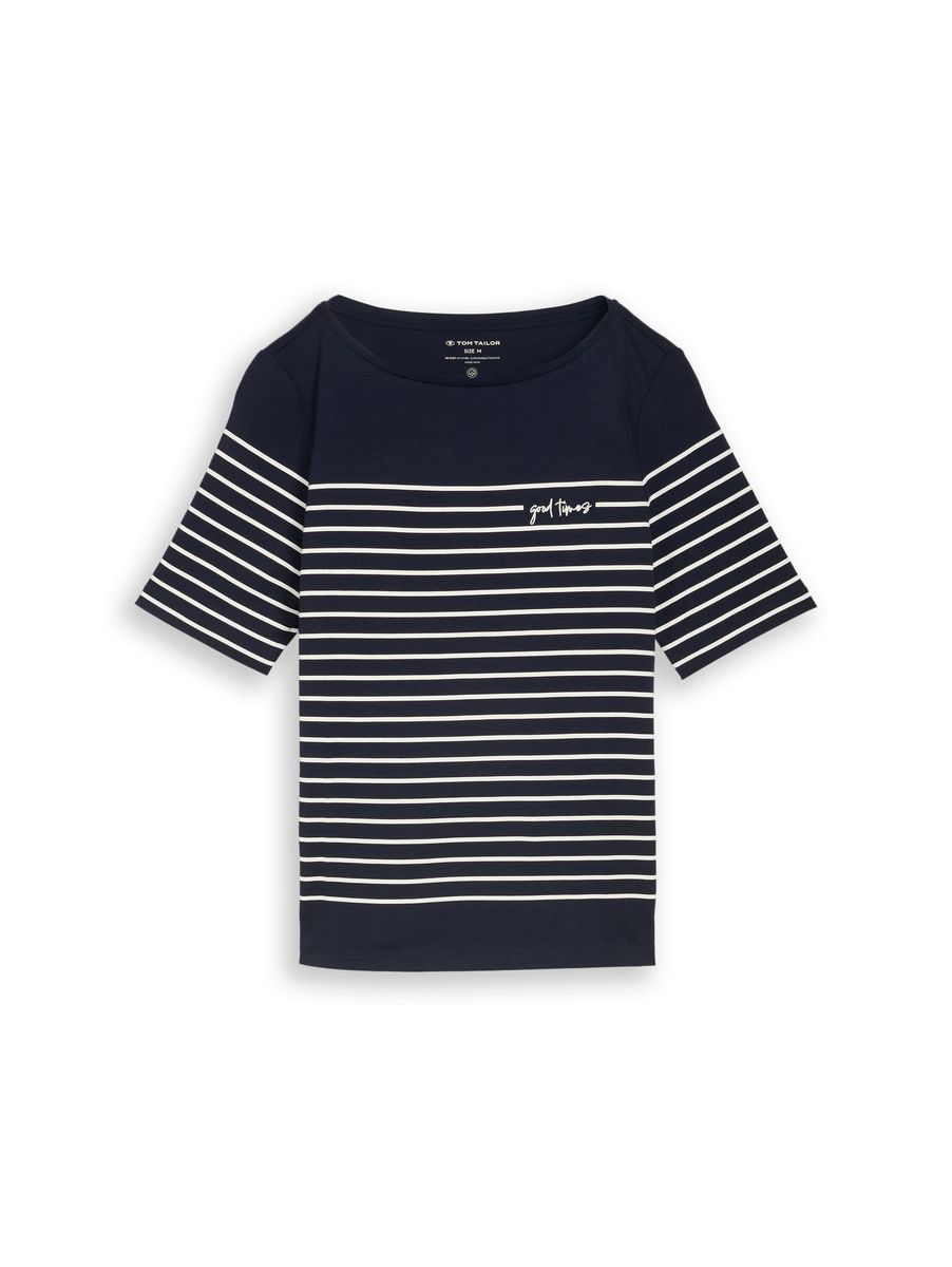Gestreiftes Baumwoll-T-Shirt mit U-Boot-Ausschnitt