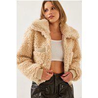 Strukturierte Kunstfell-Cropped-Jacke