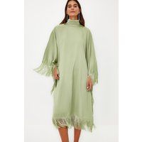 Satin-Kaftankleid mit Fransenbesatz