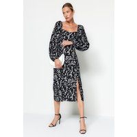 Midikleid mit abstraktem Muster und Puffärmeln