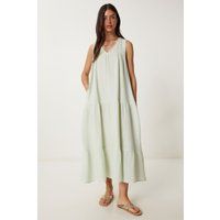 Gestuftes V-Ausschnitt Midi-Kleid
