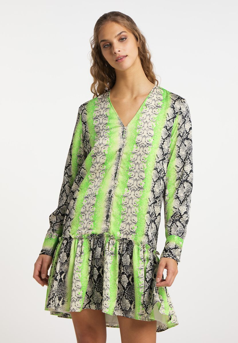 Auffälliges Minikleid mit Schlangenprint und Rüschen