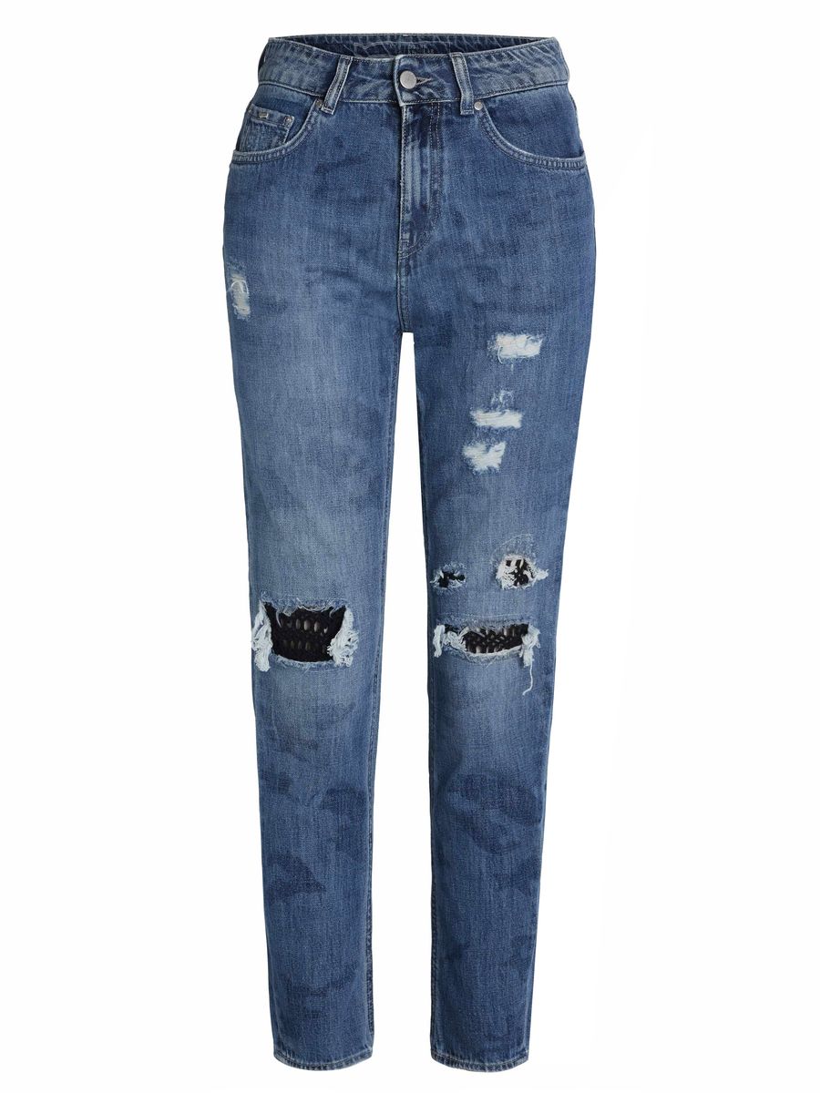 Gerade Distressed-Jeans mit Camo-Patches