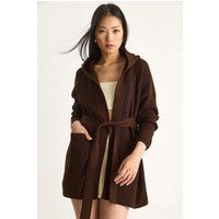 Gerippte Kapuzenstrickjacke mit Bindegürtel