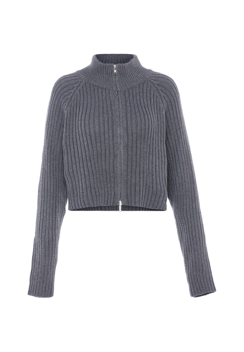 Gerippte Zip-Strickjacke in Cropped-Optik
