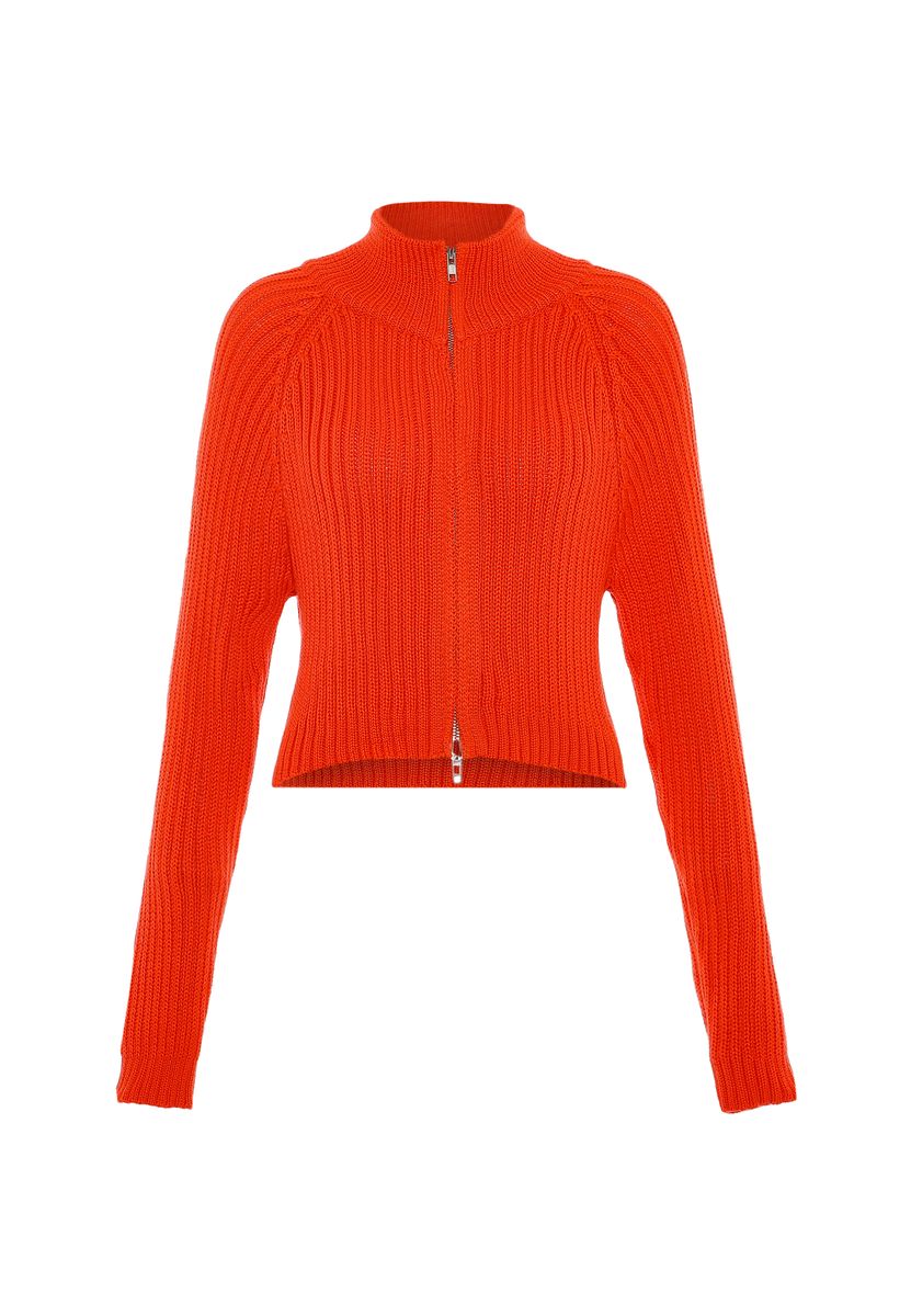 Gerippte Zip-Strickjacke mit Stehkragen