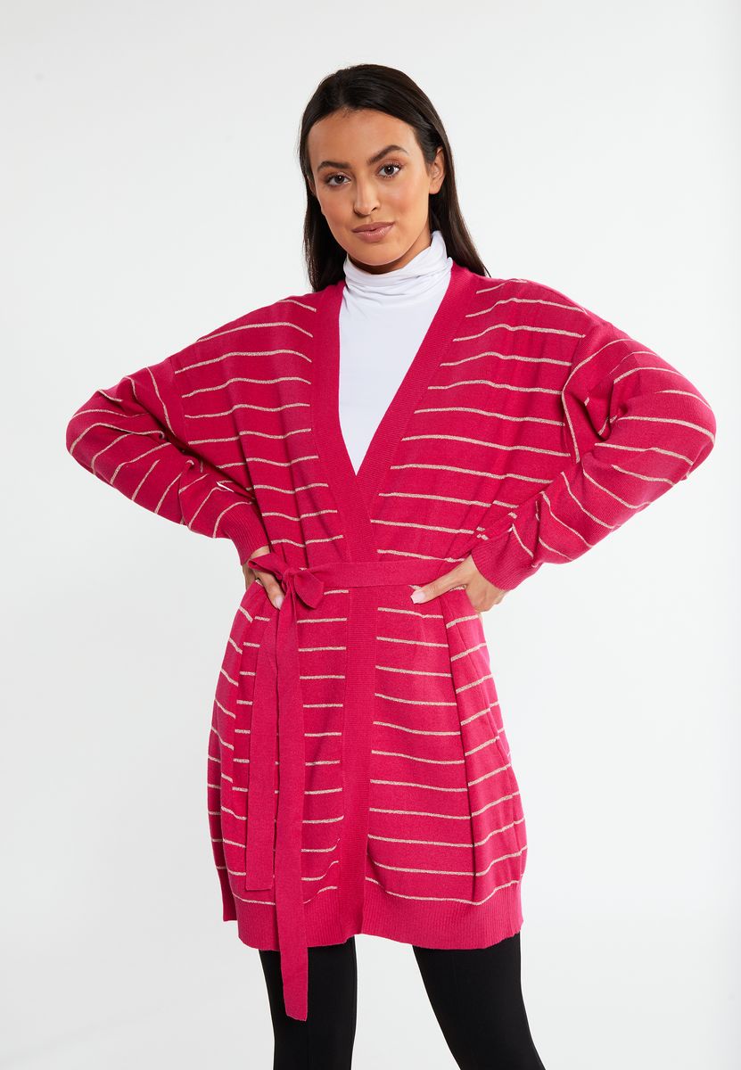 Funkelnder gestreifter Cardigan mit Gürtel