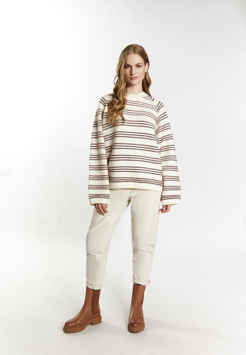 Gestreifter Rundhals-Strickpullover mit weiten Ärmeln