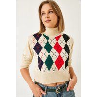 Turtleneck-Crop-Top mit Rautenmuster