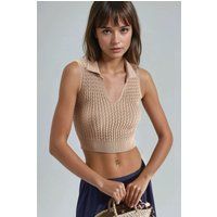 Ärmelloses Polo-Crop-Top mit Zopfmuster