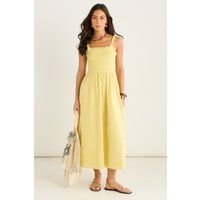 Gelbes Besticktes Midi-Kleid mit Raffung