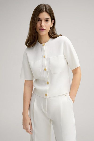 Cremefarbener Viskose-Strickcardigan mit kurzen Ärmeln und Taschen