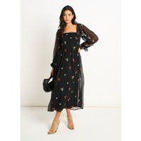 Besticktes Chiffon-Midikleid mit gerafftem Oberteil