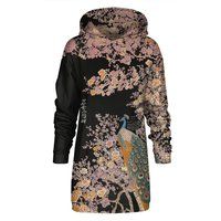 Hoodie-Kleid mit Pfauen- und Kirschblütendruck