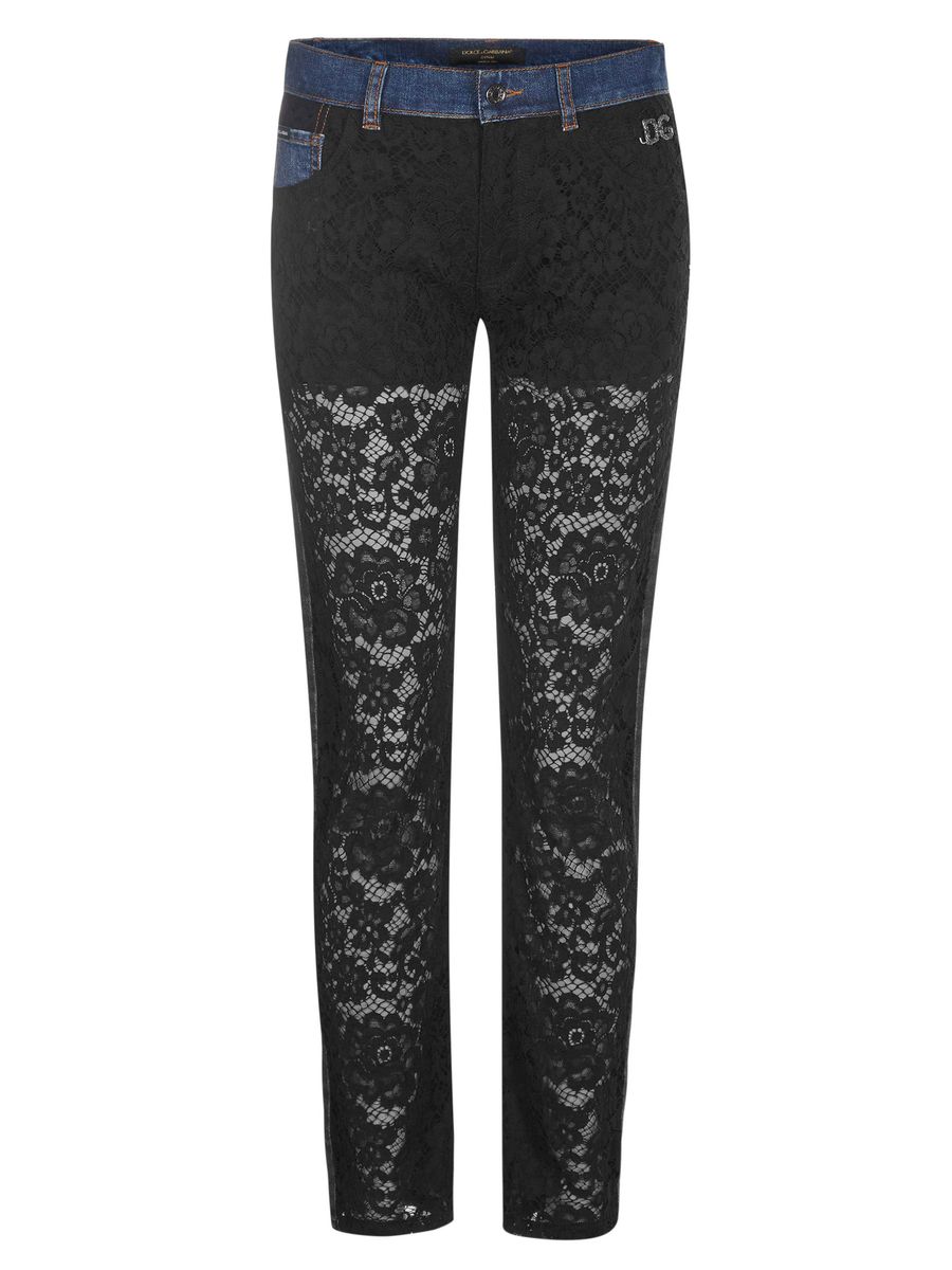 Hybride Jeans mit transparenter Floral-Spitze