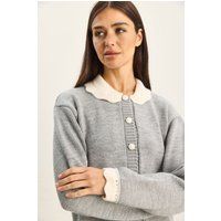 Grauer Cardigan mit Wellenkante-Kragen