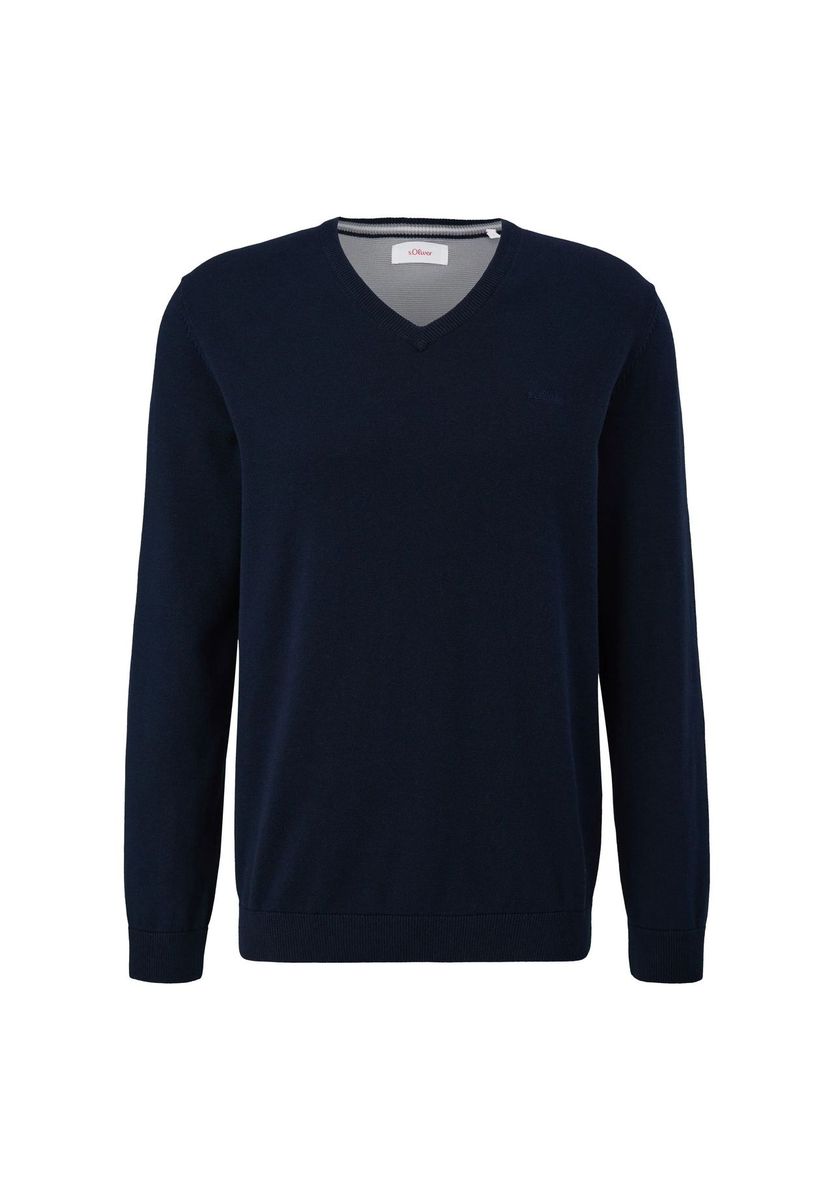 Klassischer Marineblauer Baumwollpullover mit V-Ausschnitt