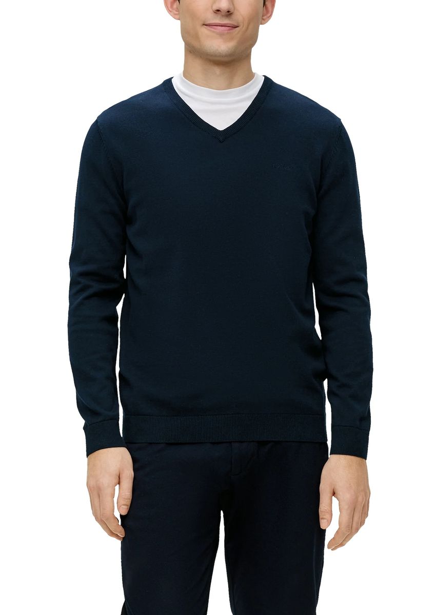 Klassischer Marineblauer Baumwollpullover mit V-Ausschnitt