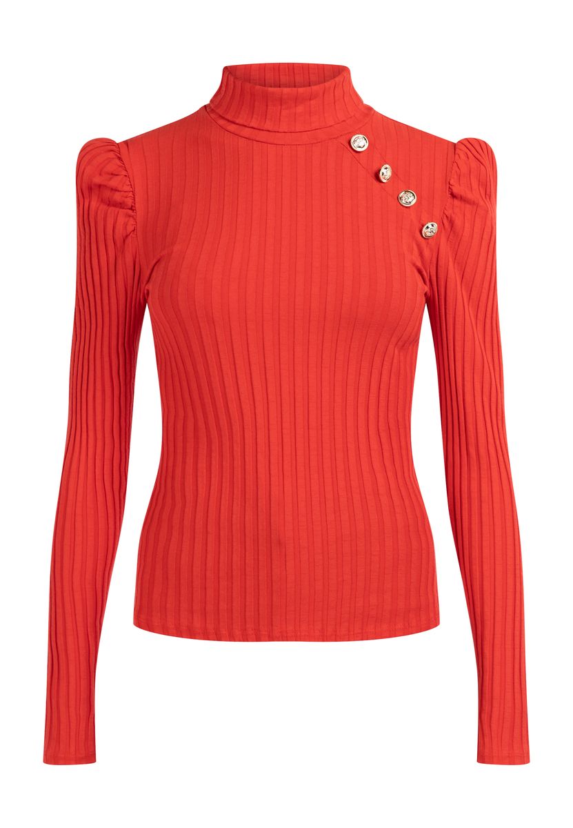 Gerippter Rollkragenpullover mit Puffärmeln