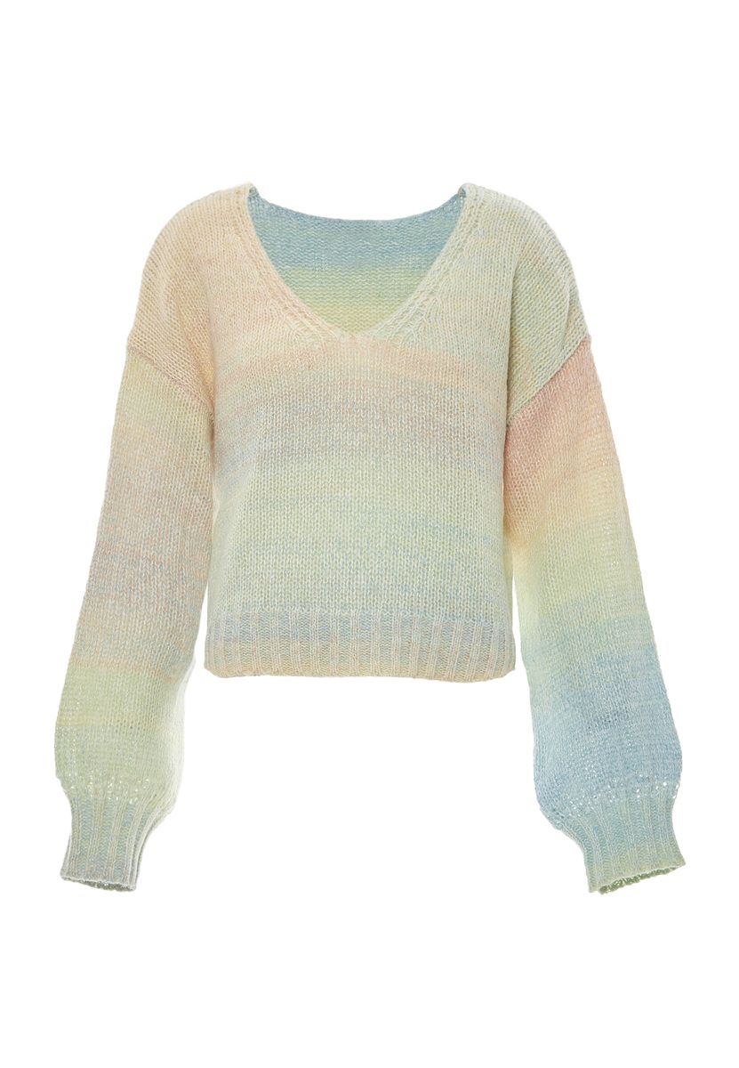 Mehrfarbiger Pastell-Pullover mit V-Ausschnitt