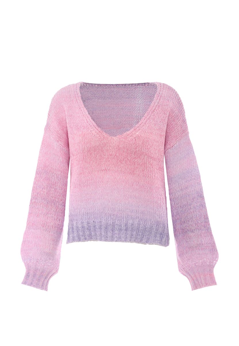 Weicher V-Ausschnitt Strickpullover mit Farbverlauf