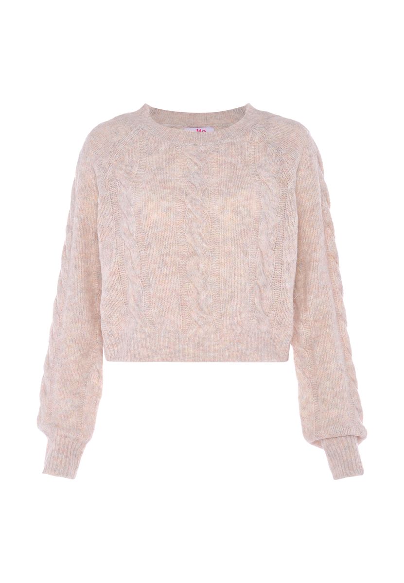 Kurzer Zopfstrickpullover in Melange-Optik