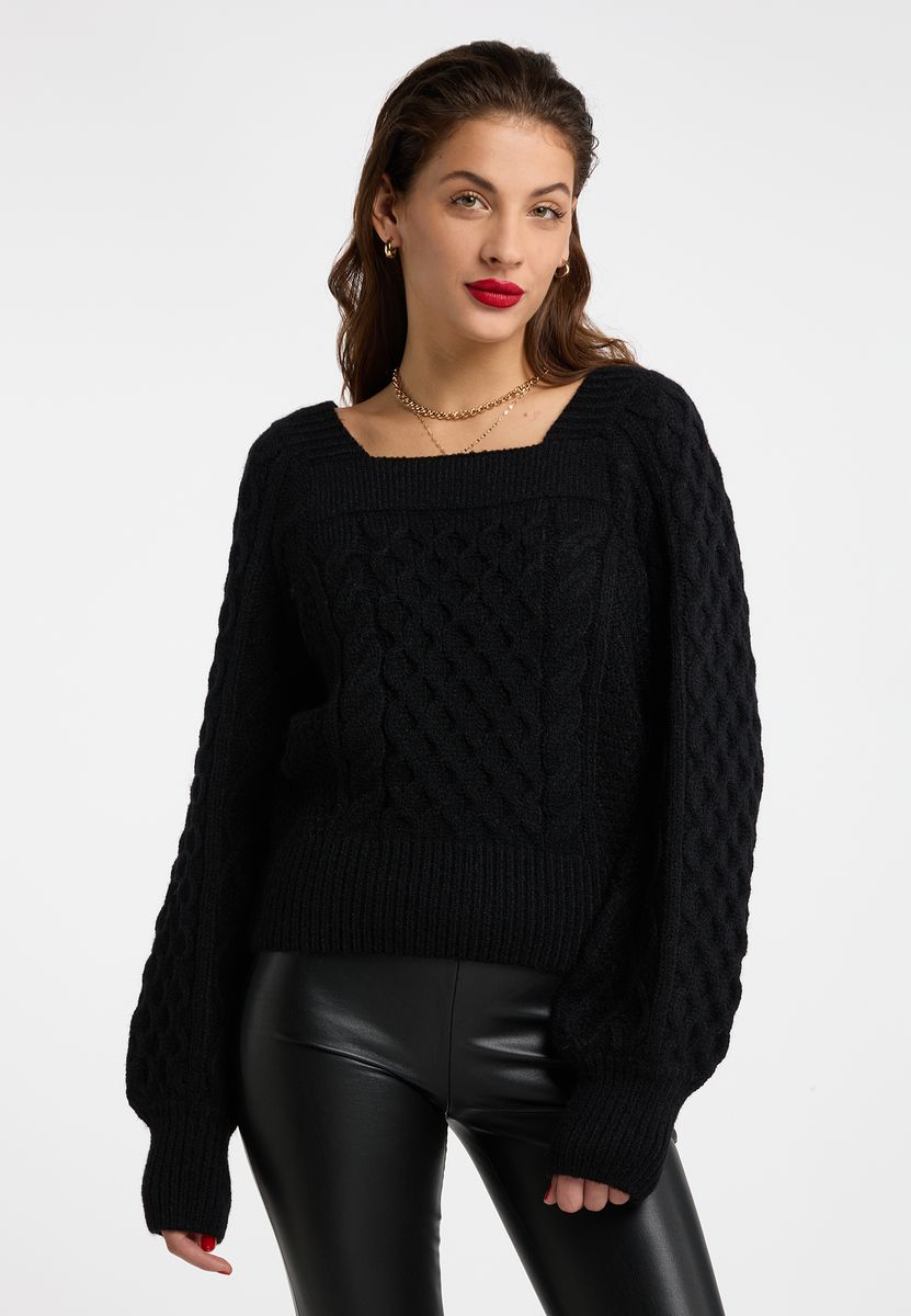 Zopfstrickpullover mit eckigem Ausschnitt