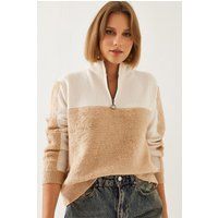Mixed-Textur-Pullover mit Reißverschluss