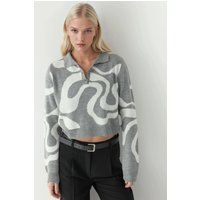 Bauchfreier Polo-Strickpullover mit Wellenmuster