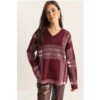 Oversize-V-Ausschnitt-Strickpullover mit Karomuster