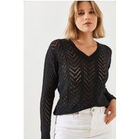 Pointelle-Strickpullover mit V-Ausschnitt