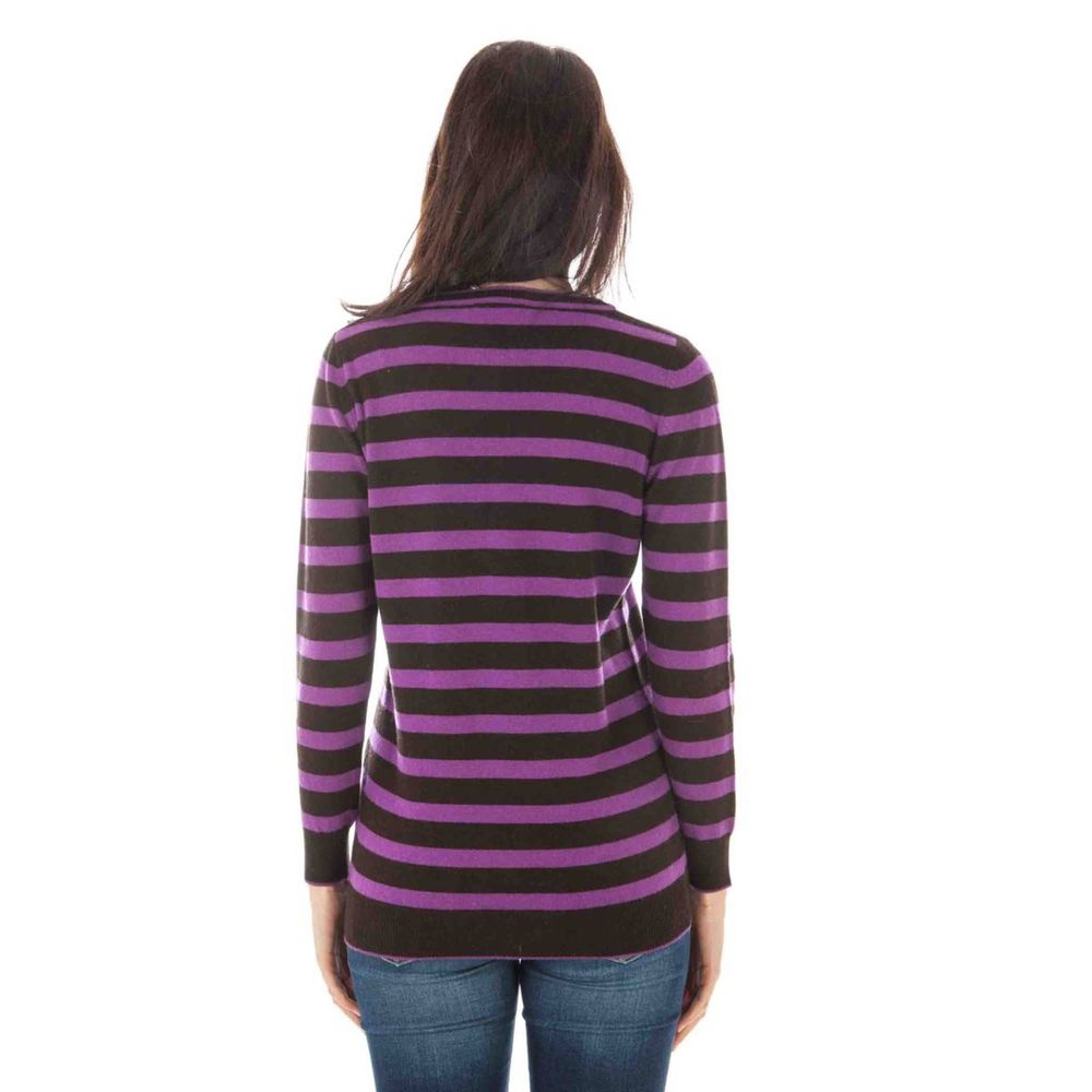 Gestreifter Merinowolle-Pullover mit V-Ausschnitt