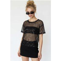 Pailletten-Netzbluse mit Rundhalsausschnitt