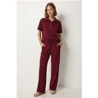 Polo-Kragen-Bluse & Weite Hose Set