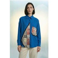 Leinenhemd mit geometrischem Patchwork-Einsatz