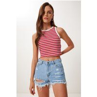 High-Waist Destroyed Denim-Shorts