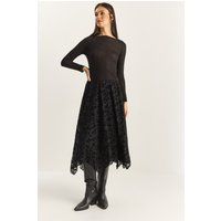 Asymmetrischer Midi-Rock mit Samt-Blumenmuster